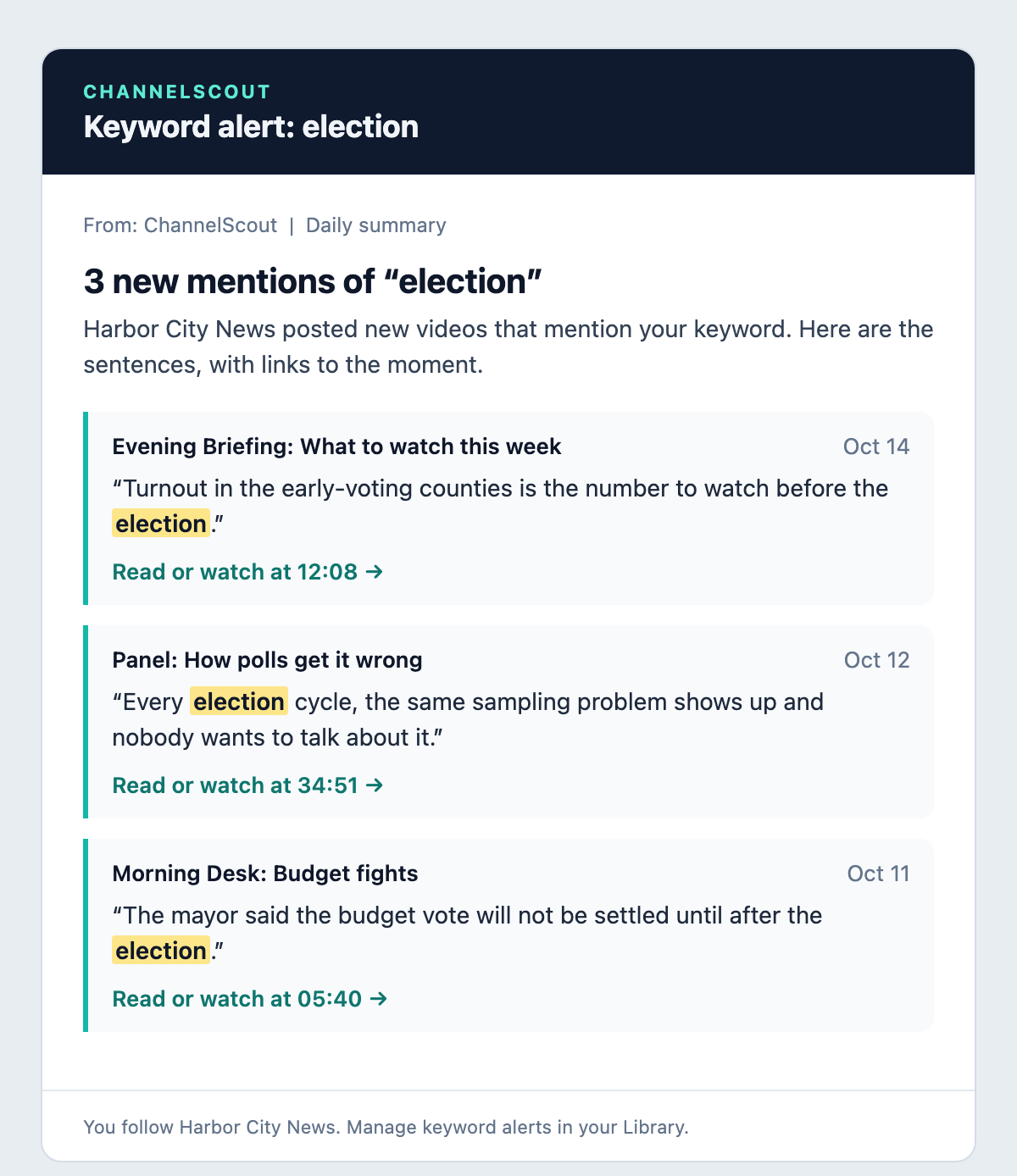 Sample keyword alert email: three sentences from a news channel video with the word election highlighted, each with a link to the moment